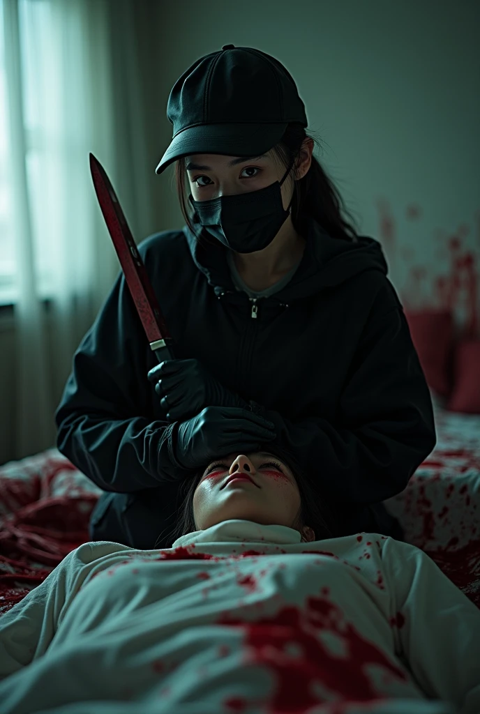 korean girl, (behind corpse, holding knife), black surgical mask, black gloves, room full of blood, black raincoat, trucker hat, holding knife, black gloves, woman on top, behind multiple corpse, blood splatter, on the bed, looking at viewer, mass murderer, killer, low pony tail, blood splatter, dark atmosphere, cinematic lighting, atmospheric realistic, light from the window, close-up,
