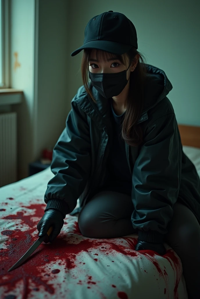 korean girl, (behind corpse, holding knife), black surgical mask, black gloves, room full of blood, black raincoat, trucker hat, holding knife, black gloves, woman on top, behind multiple corpse, blood splatter, on the bed, looking at viewer, mass murderer, killer, low pony tail, blood splatter, dark atmosphere, cinematic lighting, atmospheric realistic, light from the window, close-up,