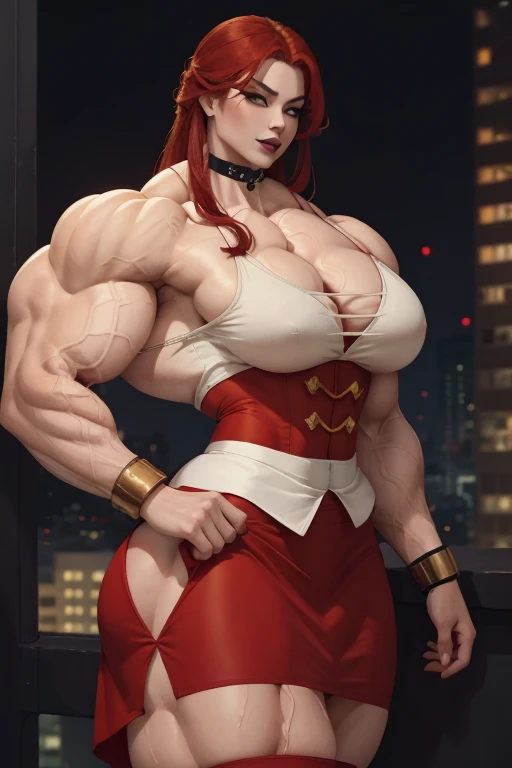 (((Close-up))), tall, (red hair) beautiful muscular asian woman, long hair, pale white skinned, closed smile, large breast, (black lipstick), (massive muscles), (hyper muscle), (ginormous bulky muscles), yellow eyes, (((red skirt suit))), red bracelets, choker, high heels, on the rooftop at night,