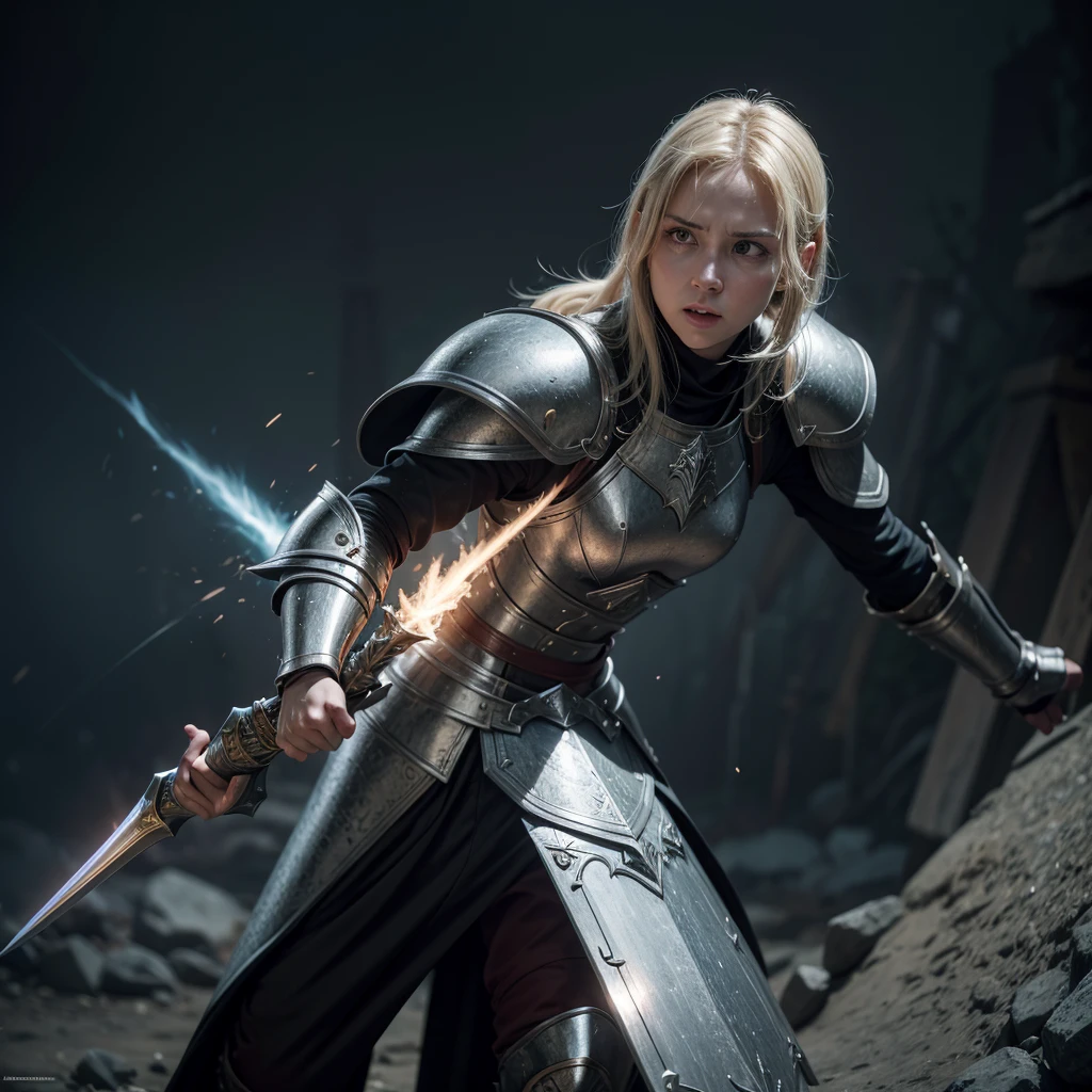 The cleric should be in a combat or defensive stance, showing strength and readiness. The facial expression should be determined and focused, reflecting discipline and dedication. The background should be a subtle battlefield or training environment to set the context but should not distract from the main figure. Use lighting to highlight the details of the armor, shield, and weapon, emphasizing the cleric's warrior appearance.