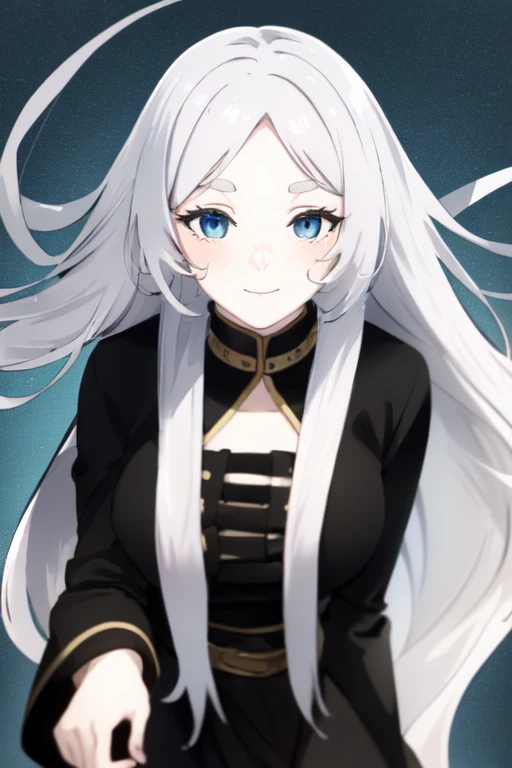 (work of art:1.2, best qualityer), (beautiful finely detailed blue eyes:1.2), (beautifull detailed face), long  hair, (Long hair blowing in the wind), colorfully, hyper detail, details Intricate, wall-paper, 1 girl, standing alone, freeze, black gown, (detailed medieval background), breasts big, gazing at viewer, smiling, side locks, long white hair, hair ornament, [へそ], trunk, sensual pose long sleeves, pale skin, blush.