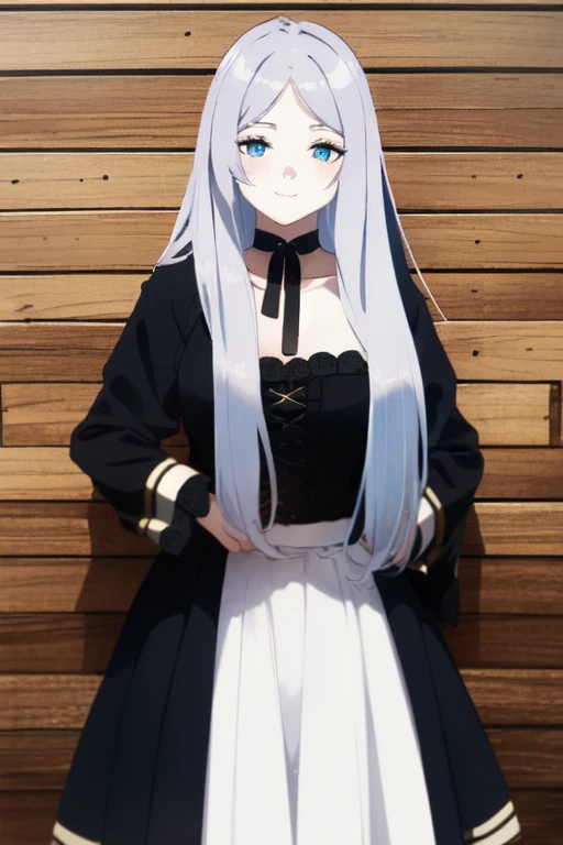 (work of art:1.2, best qualityer), (beautiful finely detailed blue eyes:1.2), (beautifull detailed face), long  hair, (Long hair blowing in the wind), colorfully, hyper detail, details Intricate, wall-paper, 1 girl, standing alone, freeze, black gown, (detailed medieval background), breasts big, gazing at viewer, smiling, side locks, long white hair, hair ornament, [へそ], trunk, sensual pose long sleeves, pale skin, blush.