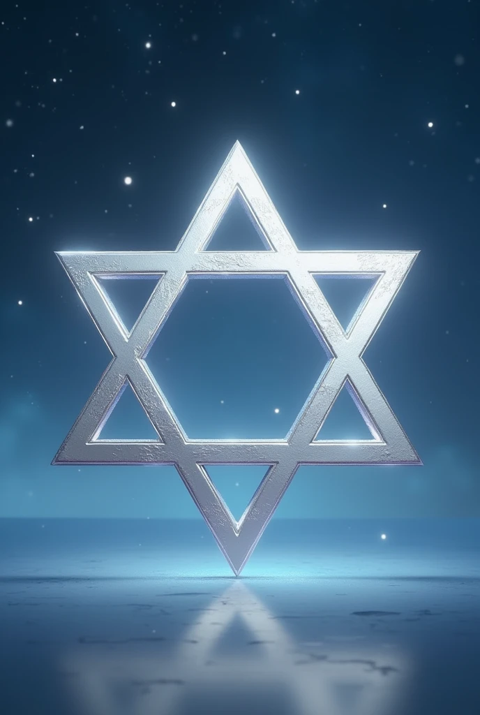 A Star of David in silver against a light blue starry sky background.