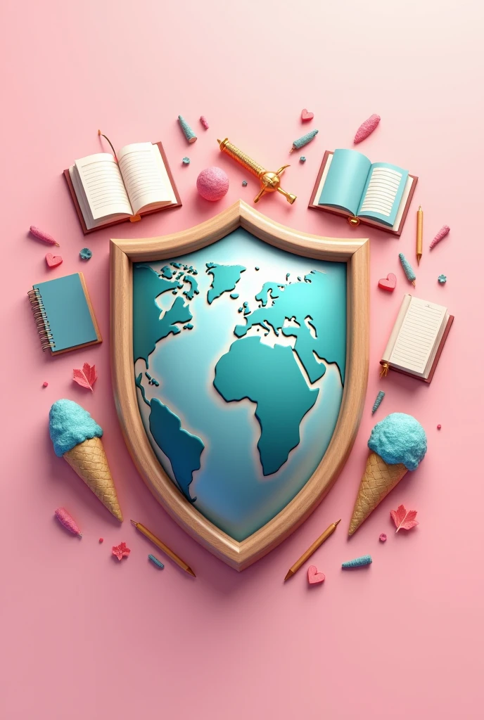 I need a shield that is my personal brand. The shield should contain some element that is used in school such as notebooks or books. It must also contain a globe. In addition to that, it must contain a family and a snow cone. Try to make sure all the elements are inside the shield. Subtly incorporate the color pink