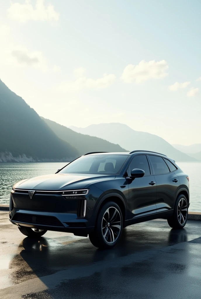 Like with a sunroof, It has four doors, blackw, simple in front, from the coast lake
