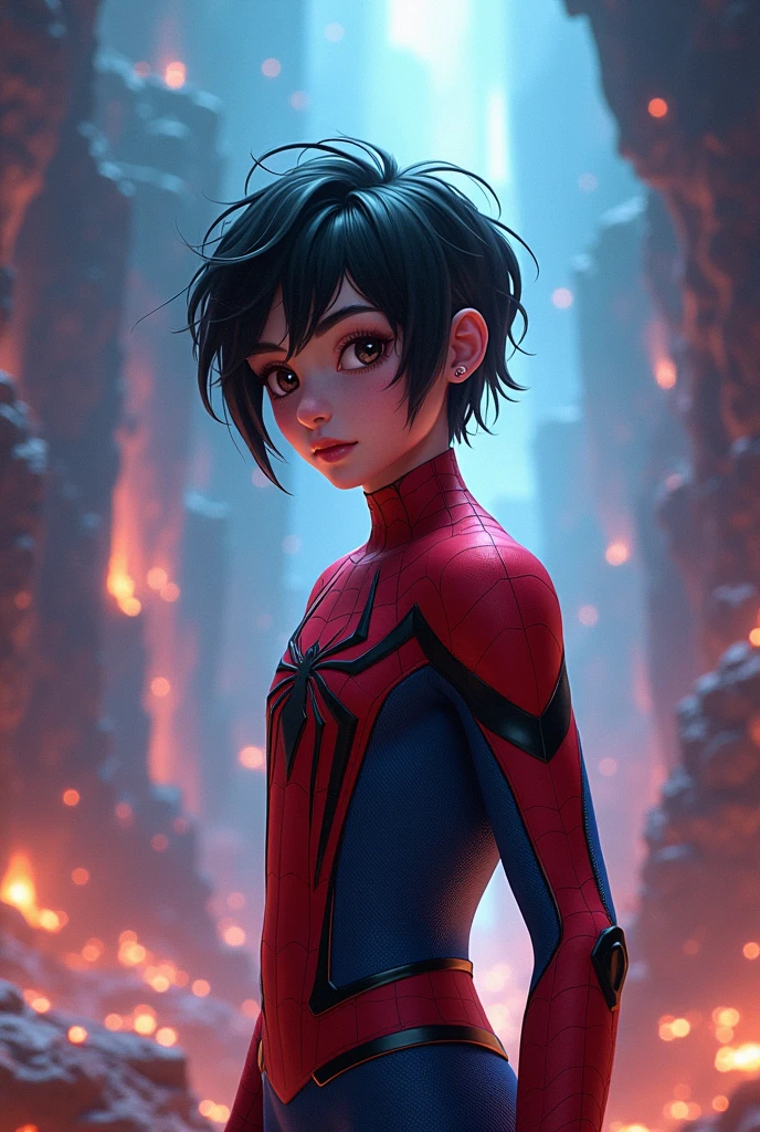 A transgender boy with medium mullet black hair, com olhos castanhos, de 1,57, with a lip piercing, eyebrow risks, wearing a spiderman suit in the middle of the multiverse