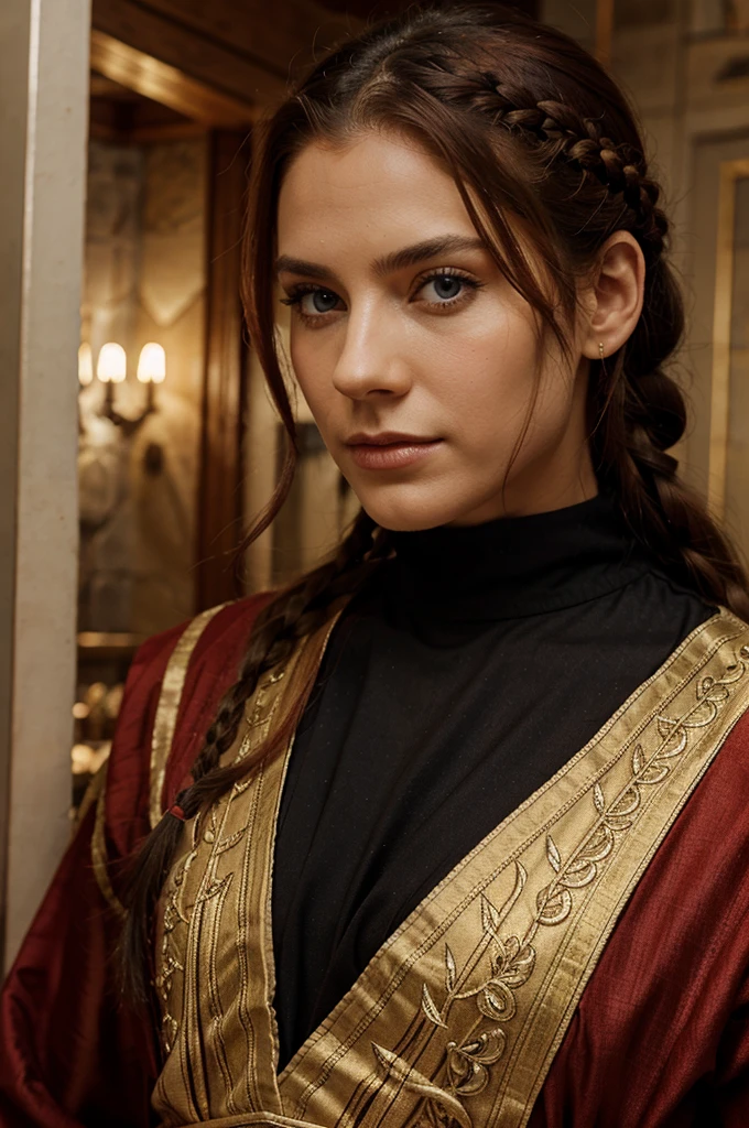 Medieval MALE, [LARGE SCAR!] on face, Arabic clothing, red and black clothing, red hair, long hair, braided hair, very rich clothing, detailed clothing, royal clothing, blue eyes, prince