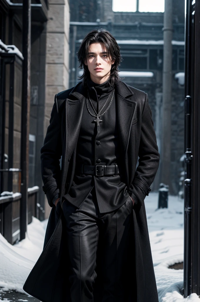 black medieval winter male overcoat black clothing