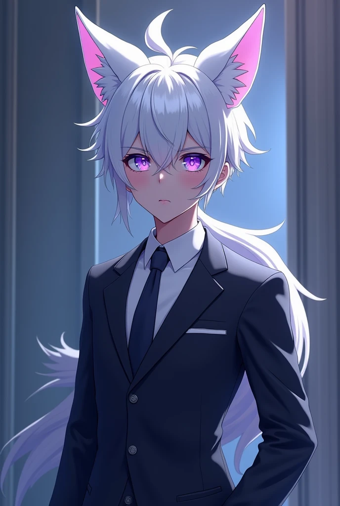 Male Vtuber model with white hair like Satoro gojo, with purple eyes mixed with blue, with a medium physique with fox ears, dressed in a suit 