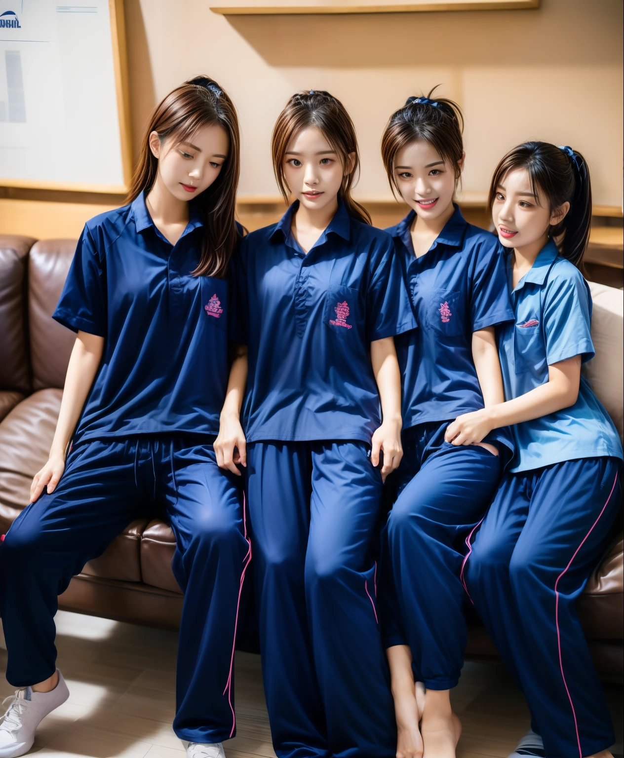 3 girls lie about on sofa living room, Navy blue short-sleeved shirt,Navy Long Trackpant,Sweatpants, Sweatpantsขายาว,25 year old girl, lesbian, sexy, exercise clothes, wet body, exercise clothes