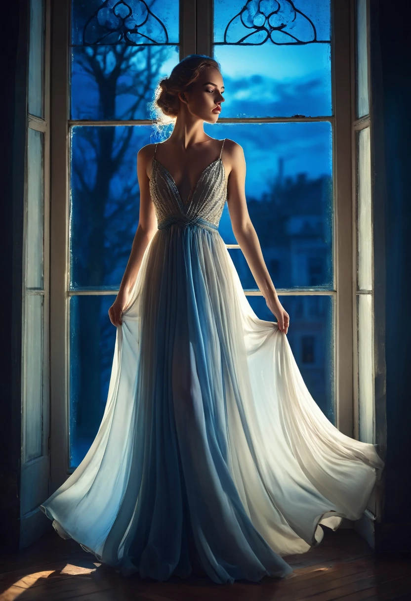 arafed woman in a dress standing in front of a window, a picture by Marie Bashkirtseff, shutterstock, romanticism, half-turned lady in evening gown, flowing gown, wearing a flowing dress, mysterious woman, haunting beautiful young woman, wearing a white flowing dress, flowing dress, woman in dress, extremely moody blue lighting, miss aniela
