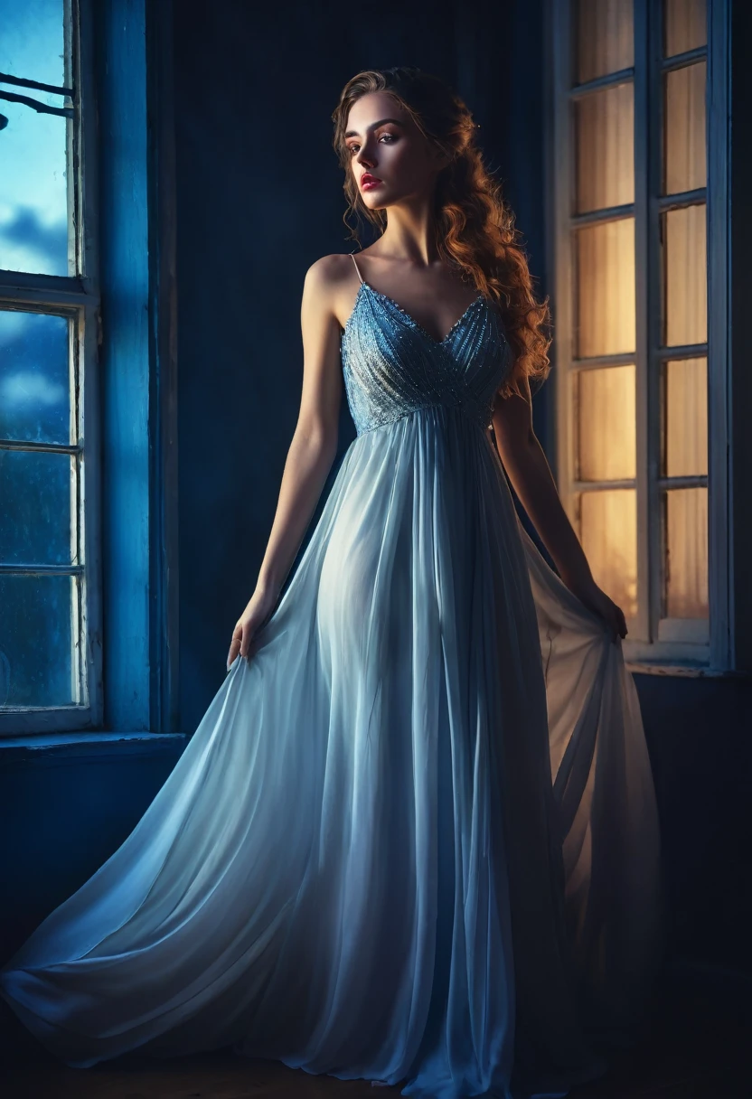 arafed woman in a dress standing in front of a window, a picture by Marie Bashkirtseff, shutterstock, romanticism, half-turned lady in evening gown, flowing gown, wearing a flowing dress, mysterious woman, haunting beautiful young woman, wearing a white flowing dress, flowing dress, woman in dress, extremely moody blue lighting, miss aniela
