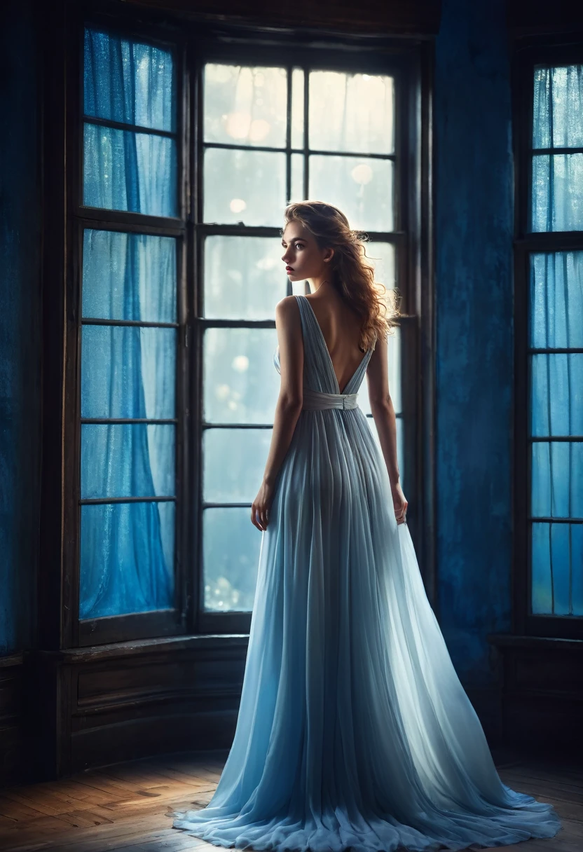 arafed woman in a dress standing in front of a window, a picture by Marie Bashkirtseff, shutterstock, romanticism, half-turned lady in evening gown, flowing gown, wearing a flowing dress, mysterious woman, haunting beautiful young woman, wearing a white flowing dress, flowing dress, woman in dress, extremely moody blue lighting, miss aniela
