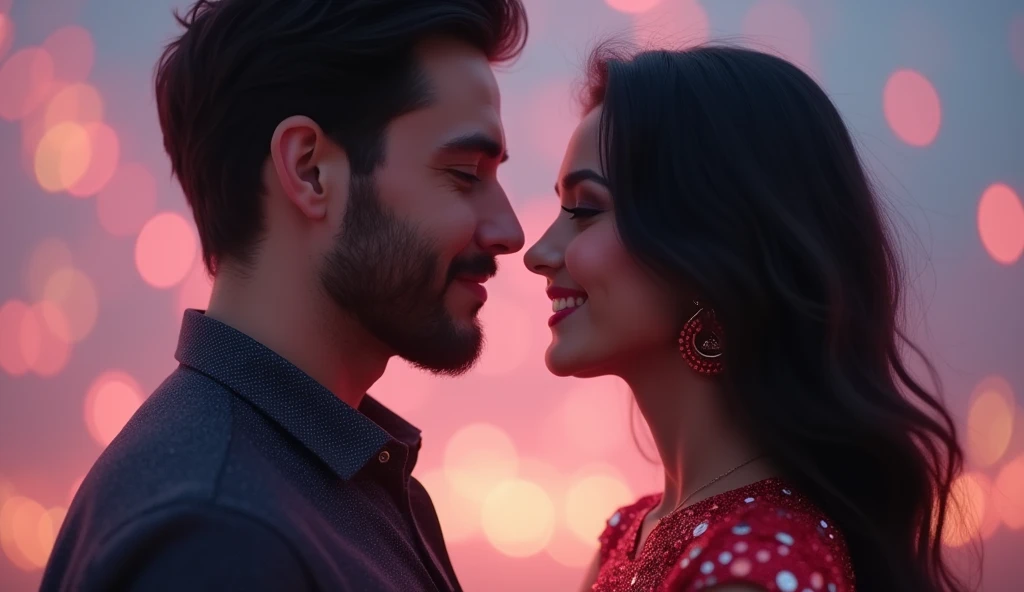 A photorealistic image of a man and woman in love, the man has short dark hair and a beard. He is wearing a dark patterned shirt. The woman has long dark hair, and is wearing a sparkly red dress. The background is a soft pink and blue bokeh. The man looks at the woman with love in his eyes, and she looks back at