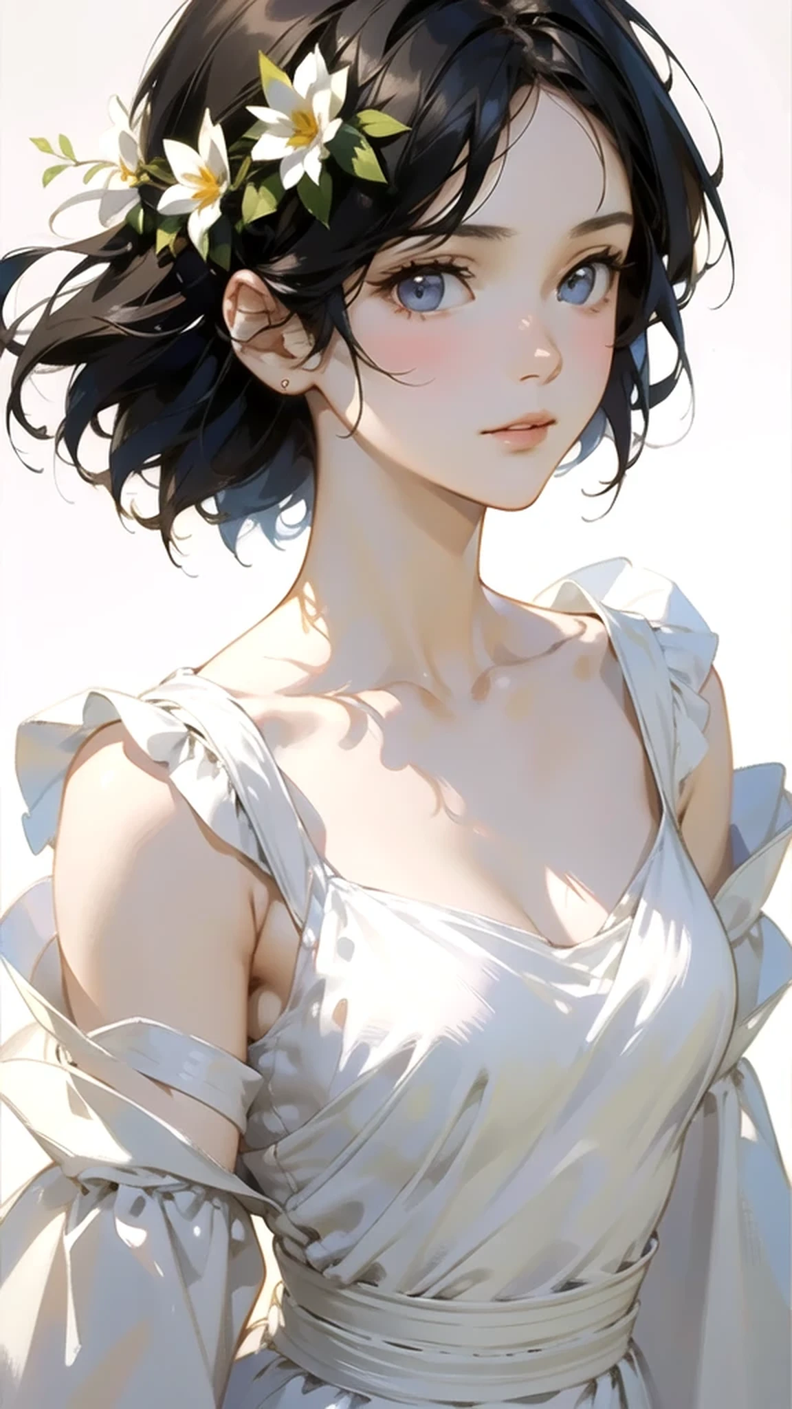 (masterpiece, best quality:1.2), 1 female, Solitary、Pretty Face、Vivid faces、Dark-haired、short hair、Beautiful hairstyle、Beautiful Skin、Shoulder shooting、Close-up of face、Simple white dress、Lohas、Soft Light、Soft Focus、((White background))、((Blank Background))、Blurred Background、