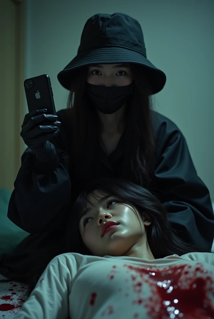 korean girl, (behind corpse, smartphone), black surgical mask, black gloves, room full of blood, black raincoat, bucket hat, holding knife, black gloves, woman on top, looking at viewer, behind corpse, blood splatter, on the bed, night, mass murderer, killer, long bangs, blood splatter, dark atmosphere, cinematic lighting, atmospheric realistic, close-up, take a photo with her smartphone

