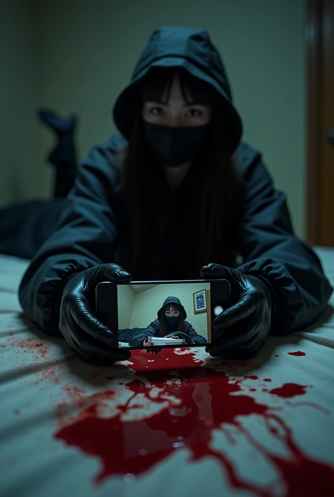 korean girl, (behind corpse, smartphone), black surgical mask, black gloves, room full of blood, black raincoat, bucket hat, holding knife, black gloves, woman on top, looking at viewer, behind corpse, blood splatter, on the bed, night, mass murderer, killer, long bangs, blood splatter, dark atmosphere, cinematic lighting, atmospheric realistic, close-up, take a photo with her smartphone
