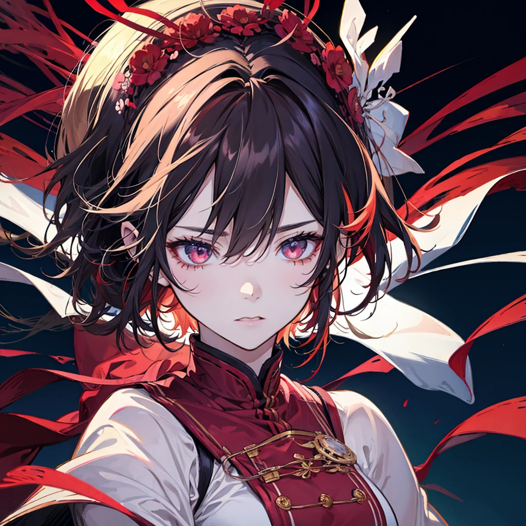 、Cat ears、Red gradient hair、Red eyes、Short messy hair、Hair between the eyes、（Half Body、Are standing、No sleeve、Muscular、Broad shoulders）、Detailed face、Beautiful detailed eyes、Beautiful detailed lips、Highly detailed eyes and face、Long eyelashes、intricate strands of hair、high quality、8k、Photorealistic、Studio Lighting、Super Fine Art、Sharp Focus、Physically Based Rendering、Bright colors、Anime Style、Digital Art