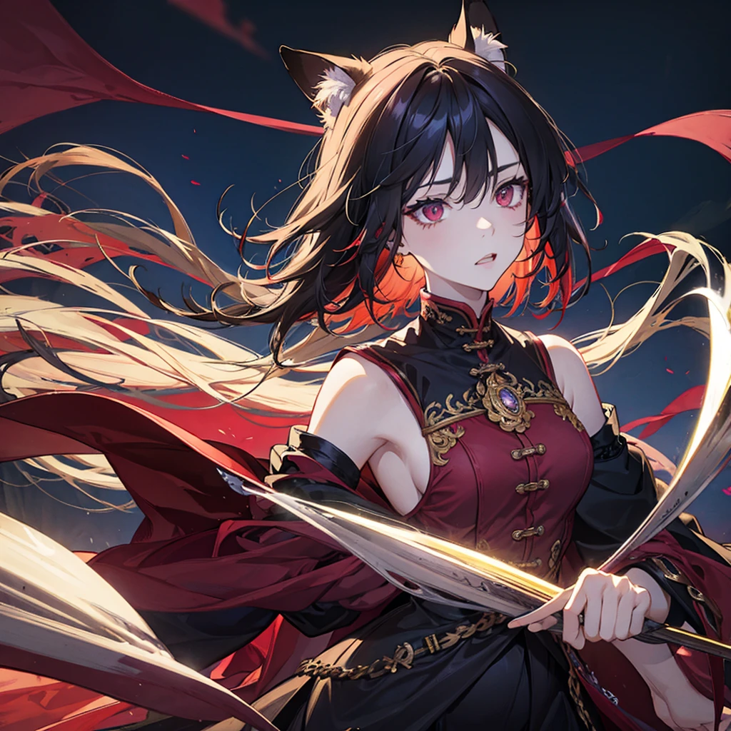 、Cat ears、Red gradient hair、Red eyes、Short messy hair、Hair between the eyes、(Half Body、Are standing、No sleeve、Muscular、Broad shoulders)、Detailed face、Beautiful detailed eyes、Beautiful detailed lips、Highly detailed eyes and face、Long eyelashes、intricate strands of hair、high quality、8k、Photorealistic、Studio Lighting、Super Fine Art、Sharp Focus、Physically Based Rendering、Bright colors、Anime Style、Digital Art