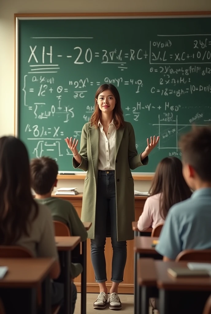 I want a image a teacher teaching her students maths subject using blackboard