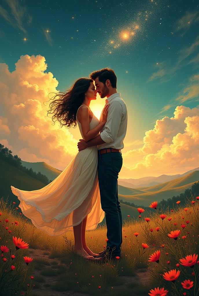 Create an illustration that captures the essence and history of the SONET DA FIDELIDADE poem written by Vinícius de Moraes, using vibrant colors and a romantic aesthetic.