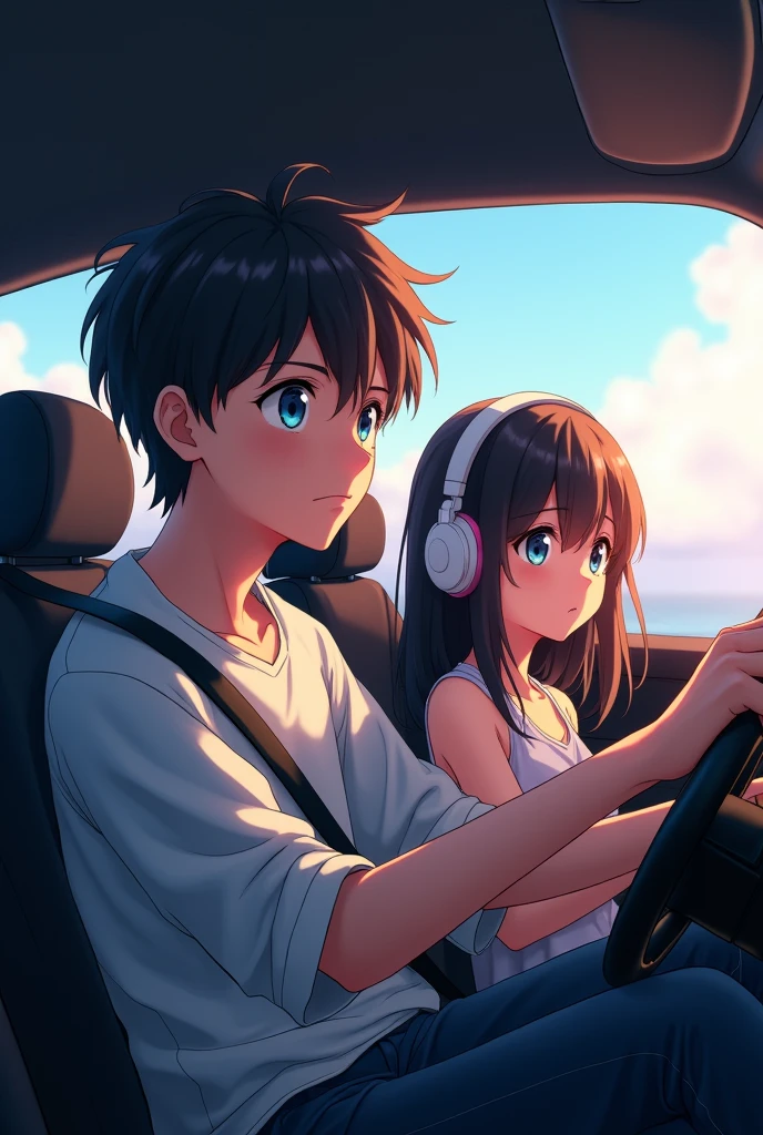 one anime boy in driving seat with steering wheel and one anime girl on other sitting in a car with a earphones on, Anime illustration by Momoko Shinoda, tumbler, Conceptual Art, Makoto Shinkai and Artgelm, sakimichan and makoto shinkai, Visual Novel CG, fiona staples and makoto shinkai, Realistic Anime 3D Style, Photorealistic Animation, driving, Gweiz-style artwork