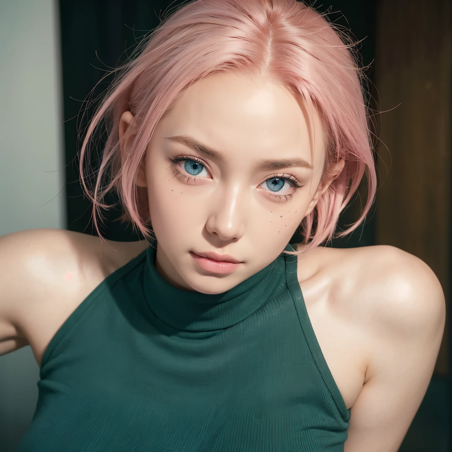 junior, Short pink hair, shoulder length, wide forehead, porcelain skin, pink eyebrows, Large, emerald green eyes, buttoned nose, full lips, Heart-Shaped Face, slim body, , red tank top, Sakura Haruno , realistic, realism, Details, 3d, in great detail