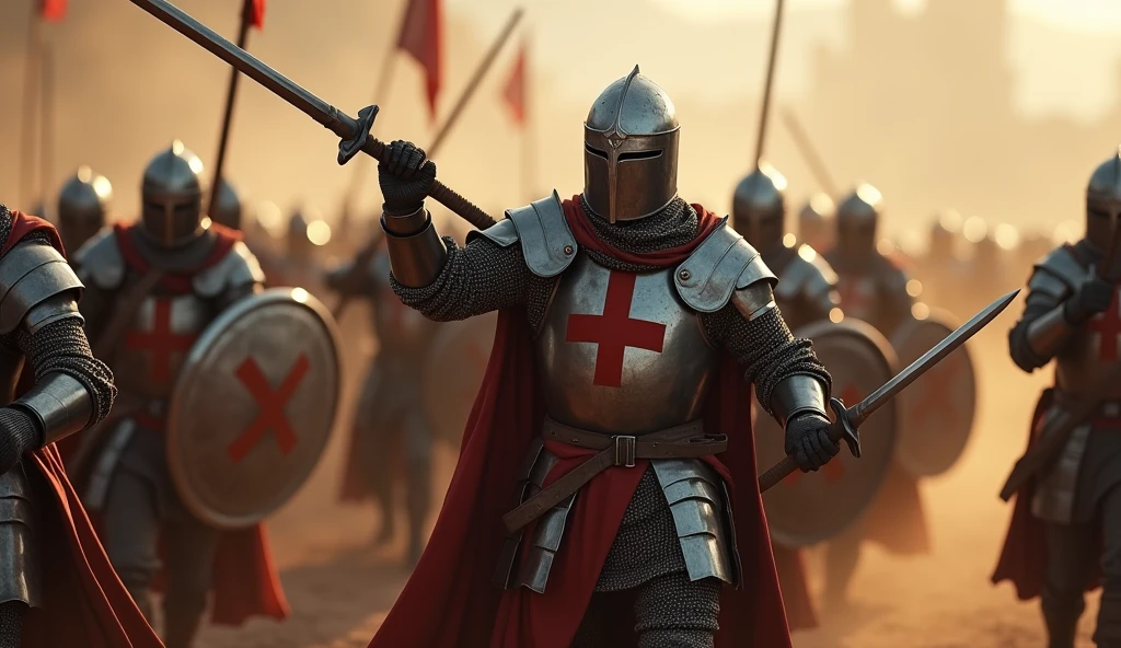 A highly realistic, high-contrast, 8K HD, detailed, hyper-detailed image of the Crusader knight from the provided image, fighting fiercely on the battlefield alongside his comrades. The knight, clad in steel armor with a red cross on his tunic, stands shoulder to shoulder with his fellow Crusader warriors, their swords raised as they engage in intense combat. The battlefield is filled with dust, blood, and the sound of clashing steel as the knights fight together with unyielding resolve. The dramatic lighting highlights the unity and strength of the group, capturing the powerful bond between the warriors as they face their enemies as one. The image is of the highest quality, with ultra-high resolution, RAW photo quality, and Unreal Engine rendering, showcasing the courage and camaraderie of the Crusader knights as they battle side by side.
