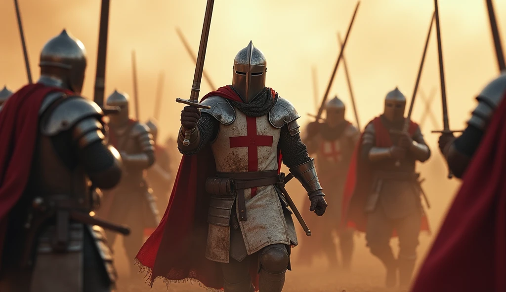A highly realistic, high-contrast, 8K HD, detailed, hyper-detailed image of the Crusader knight from the provided image, fighting fiercely on the battlefield alongside his comrades. The knight, clad in steel armor with a red cross on his tunic, stands shoulder to shoulder with his fellow Crusader warriors, their swords raised as they engage in intense combat. The battlefield is filled with dust, blood, and the sound of clashing steel as the knights fight together with unyielding resolve. The dramatic lighting highlights the unity and strength of the group, capturing the powerful bond between the warriors as they face their enemies as one. The image is of the highest quality, with ultra-high resolution, RAW photo quality, and Unreal Engine rendering, showcasing the courage and camaraderie of the Crusader knights as they battle side by side.