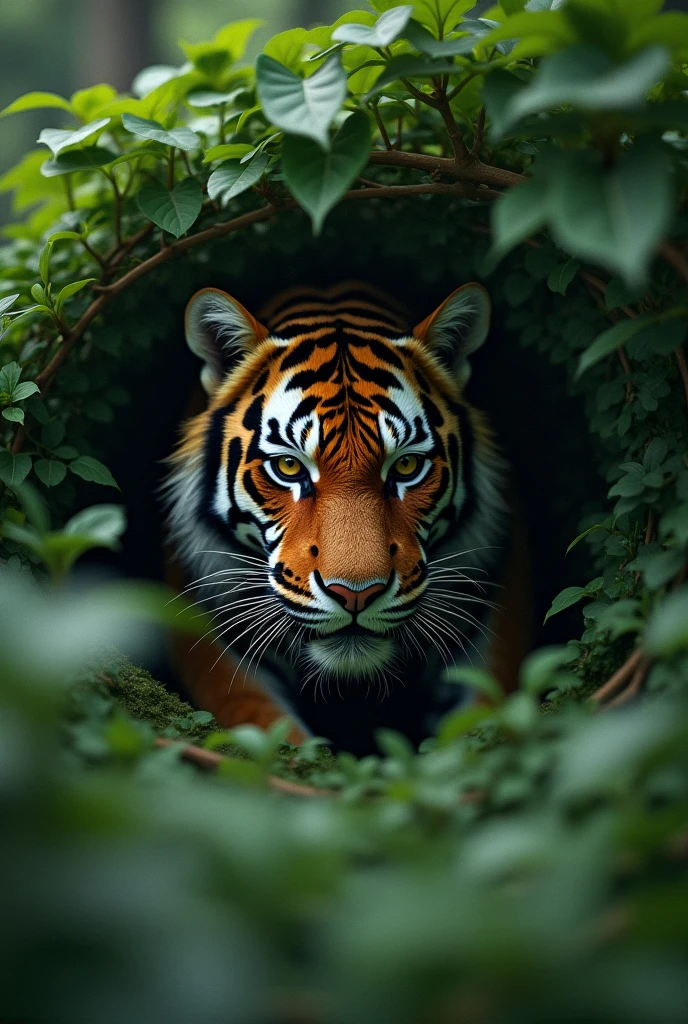 Tiger hiding in a green bush, just a little part of the tiger showing, prepared to attack, most of the image with leaves