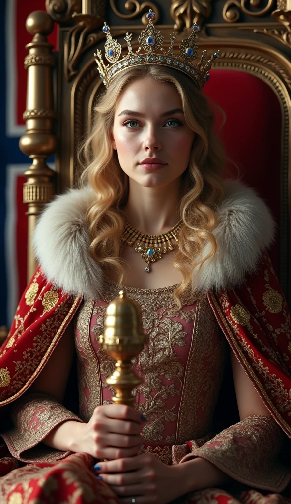 young and beautiful Norwegian queen。whole body。Sit on a throne、Wearing the crown、Holding a scepter and a jewel。Norwegian flag in the background