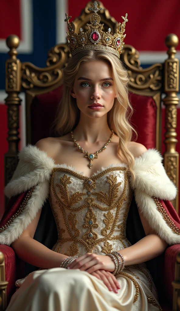 young and beautiful Norwegian queen。whole body。Sit on a throne、Wearing the crown、Holding a scepter and a jewel。Norwegian flag in the background
