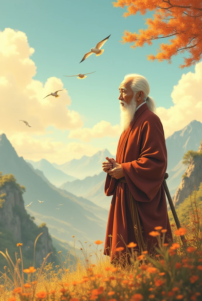 A sensey with sunny day,in the sky there are a few beautiful birds flying,the background is mountain and the sky