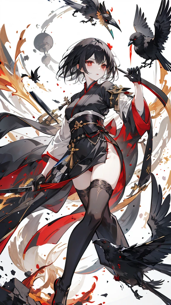 short black hair,Golden pupils,Black Hanfu and armor,Black long knife,crow flying in the air,black stockings,Wearing a black glove on the left hand,silvery white flame