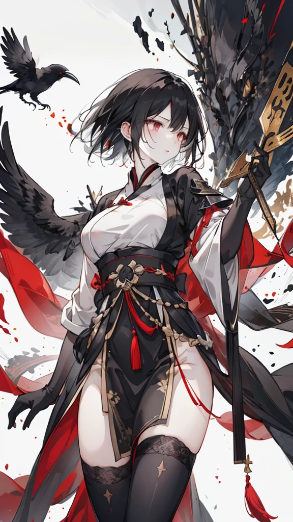 short black hair,Golden pupils,Black Hanfu and armor,Black long knife,crow flying in the air,black stockings,Wearing a black glove on the left hand,silvery white flame