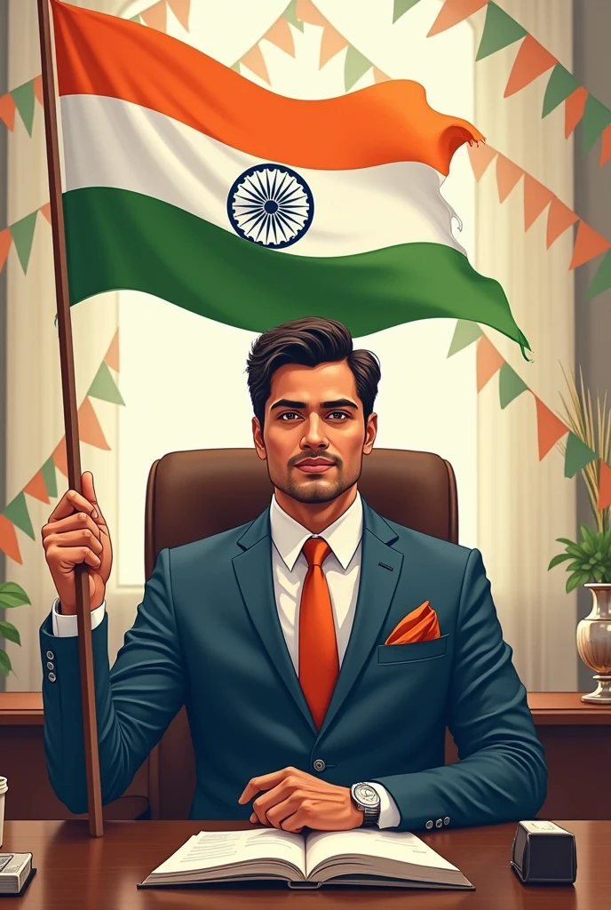 “Illustration of a professional Indian man in an office setting, wearing a professional flag suit with a touch of the Indian flag colors in her accessories. he’s holding a big Indian flag and seat in back of a desk with a festive Independence Day decoration. The text ‘Empowering India GIRRAJ CHAUHAN’ is displayed in elegant script at the top.”