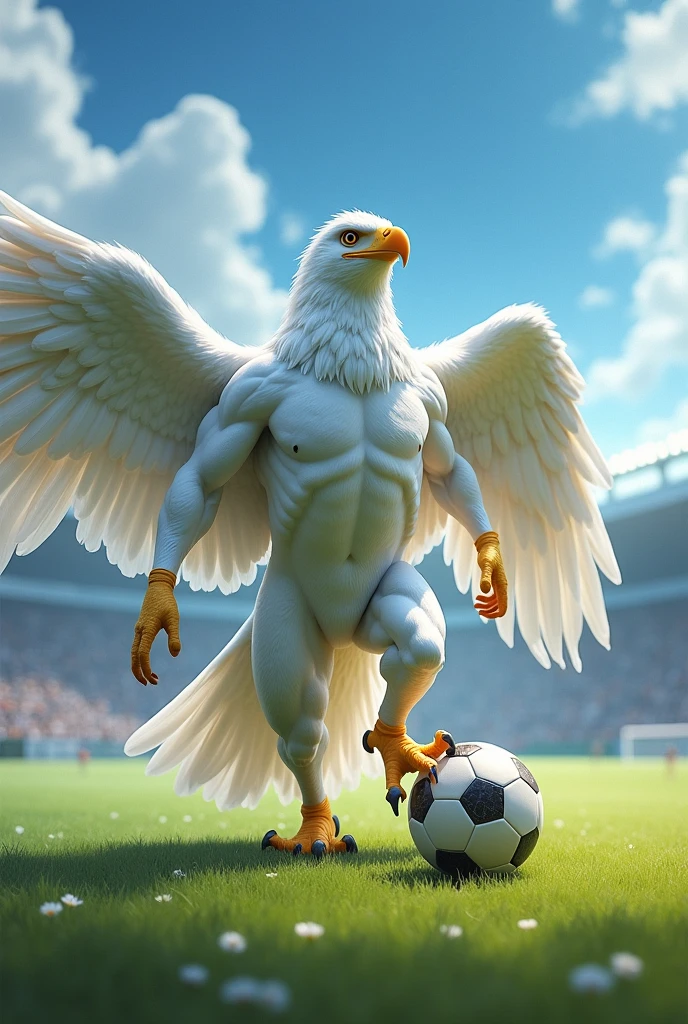 White eagle with human body, playing football
