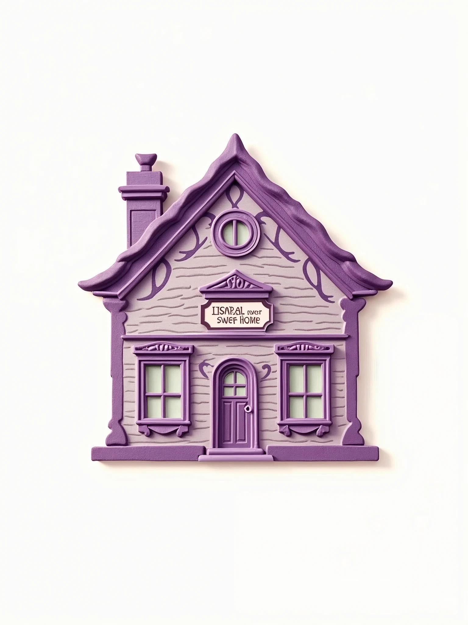 "Design a logo with a classic style. Center a house that is lilac and brown, with a sign reading 'Home Sweet Home'. The house should be intricately detailed and have a traditional appearance. The background should be plain white, with no additional elements other than the house itself. Ensure the house is perfectly cut out for use as a label on sweet products, conveying a 'classic home' vibe."