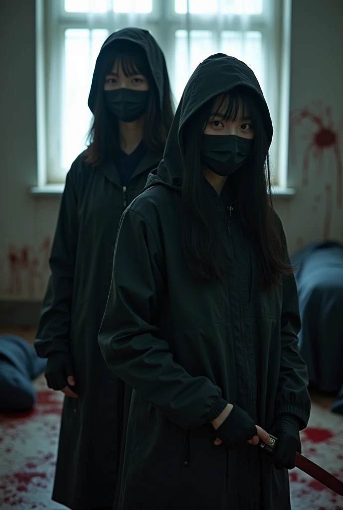 2 korean girls, (behind multiple corpse, holding knife), black surgical mask, stabbing, black gloves, room full of blood, black raincoat, hood up, holding knife, black gloves, woman on top, behind multiple corpse, blood splatter, mass murderer, killer, long bangs, blood splatter, dark atmosphere, cinematic lighting, atmospheric realistic, light from the window,
