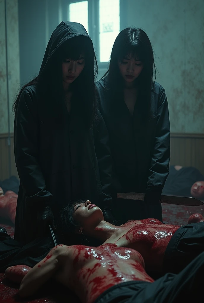 2 korean girls, (behind multiple corpse, holding knife), black surgical mask, stabbing, black gloves, room full of blood, black raincoat, hood up, holding knife, black gloves, woman on top, behind multiple corpse, blood splatter, mass murderer, killer, long bangs, blood splatter, dark atmosphere, cinematic lighting, atmospheric realistic, light from the window,