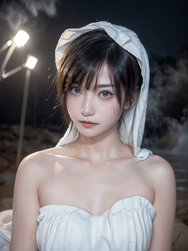 masterpiece、Highest quality、in 8K、(Photorealistic: 1.4)、(Depth of written boundary:1.2)、Ultra-detailed、High resolution、In detail、solo、(1 Female:1.2)、(Realistic Skin:1.2)、Beautiful woman、Perfect figure、Highly detailed eyes and face、Very detailed and beautiful eyes、Laughter:1.3、(Cover yourself with a large, thin white towel、Strapless:1.2)、(Geyser, hot spring:1.2)、(hot springに腰まで浸かっている:1.3),Nighttime hot springs,Starry Sky,