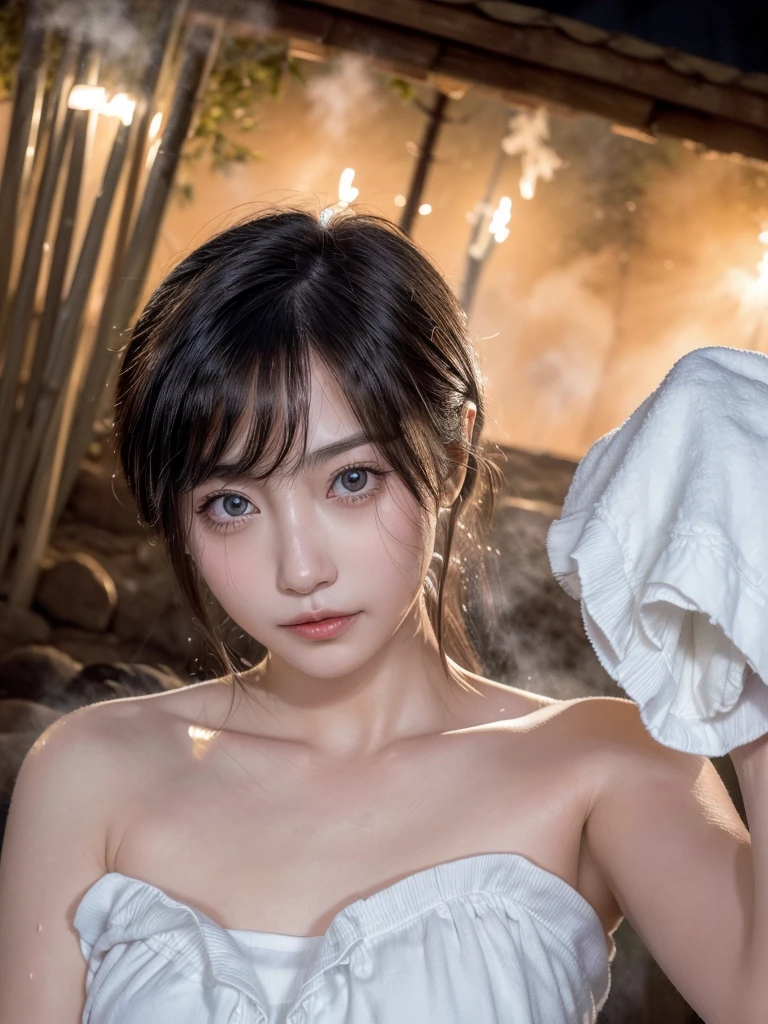 masterpiece、Highest quality、in 8K、(Photorealistic: 1.4)、(Depth of written boundary:1.2)、Ultra-detailed、High resolution、In detail、solo、(1 Female:1.2)、(Realistic Skin:1.2)、Beautiful woman、Perfect figure、Highly detailed eyes and face、Very detailed and beautiful eyes、Laughter:1.3、(Cover yourself with a large, thin white towel、Strapless:1.2)、(Geyser, hot spring:1.2)、(hot springに腰まで浸かっている:1.3),Nighttime hot springs,Starry Sky,