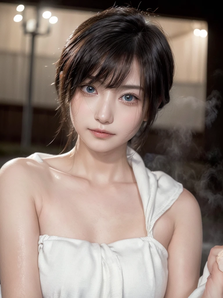 masterpiece、Highest quality、in 8K、(Photorealistic: 1.4)、(Depth of written boundary:1.2)、Ultra-detailed、High resolution、In detail、solo、(1 Female:1.2)、(Realistic Skin:1.2)、Beautiful woman、Perfect figure、Highly detailed eyes and face、Very detailed and beautiful eyes、Laughter:1.3、(Cover yourself with a large, thin white towel、Strapless:1.2)、(Geyser, hot spring:1.2)、(hot springに腰まで浸かっている:1.3),Nighttime hot springs,Starry Sky,