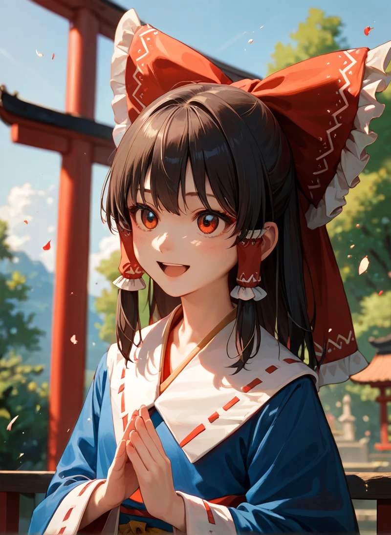 score_9, score_8_up, score_7_up , source_anime, masterpiece, best quality, perfect anatomy , very aesthetic , absurdres ,intricate illustration ,ultra-detailed animation, reimu in blue outfit, standing in front of her shrine, happy neutral face, whole body. , look up the sky