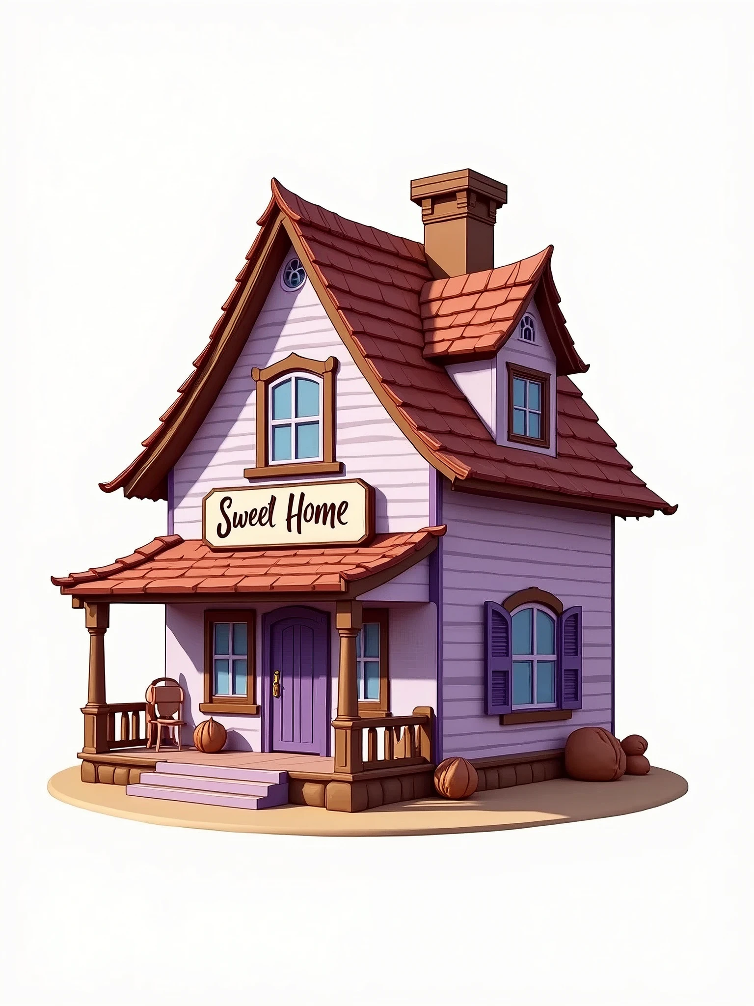 "Design a logo with a classic style. Center a house that is lilac and brown, with a sign reading 'Home Sweet Home'. The house should be intricately detailed and have a traditional appearance. The background should be plain white, with no additional elements other than the house itself. Ensure the house is perfectly cut out for use as a label on sweet products, conveying a 'classic home' vibe."