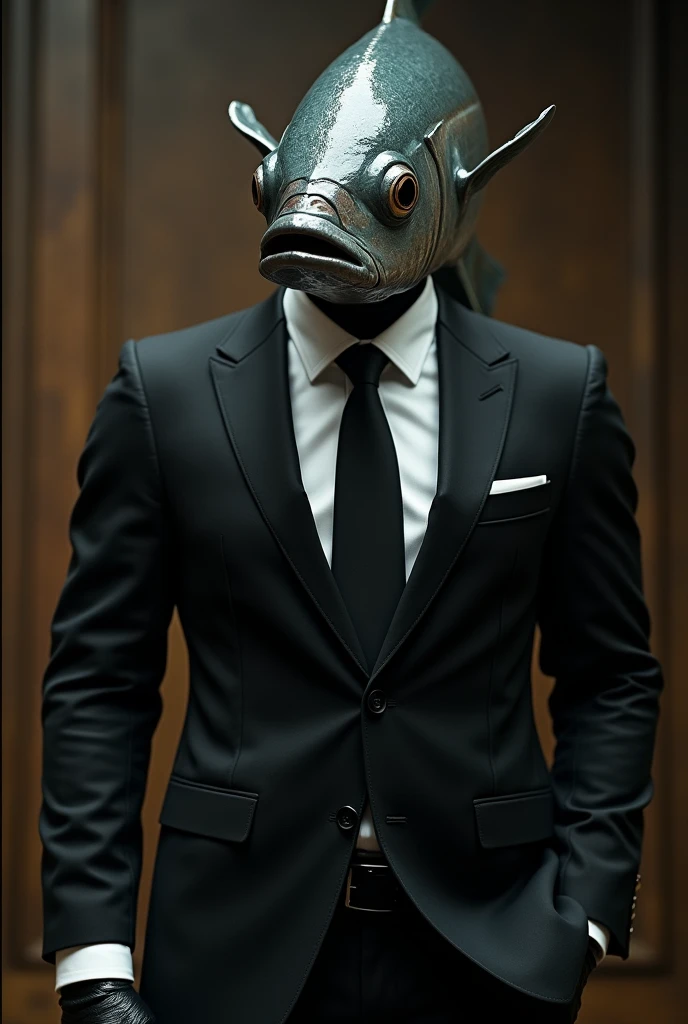 A man with the head of a tuna.。Wearing a black suit、He is well-dressed。They are also wearing black gloves.。