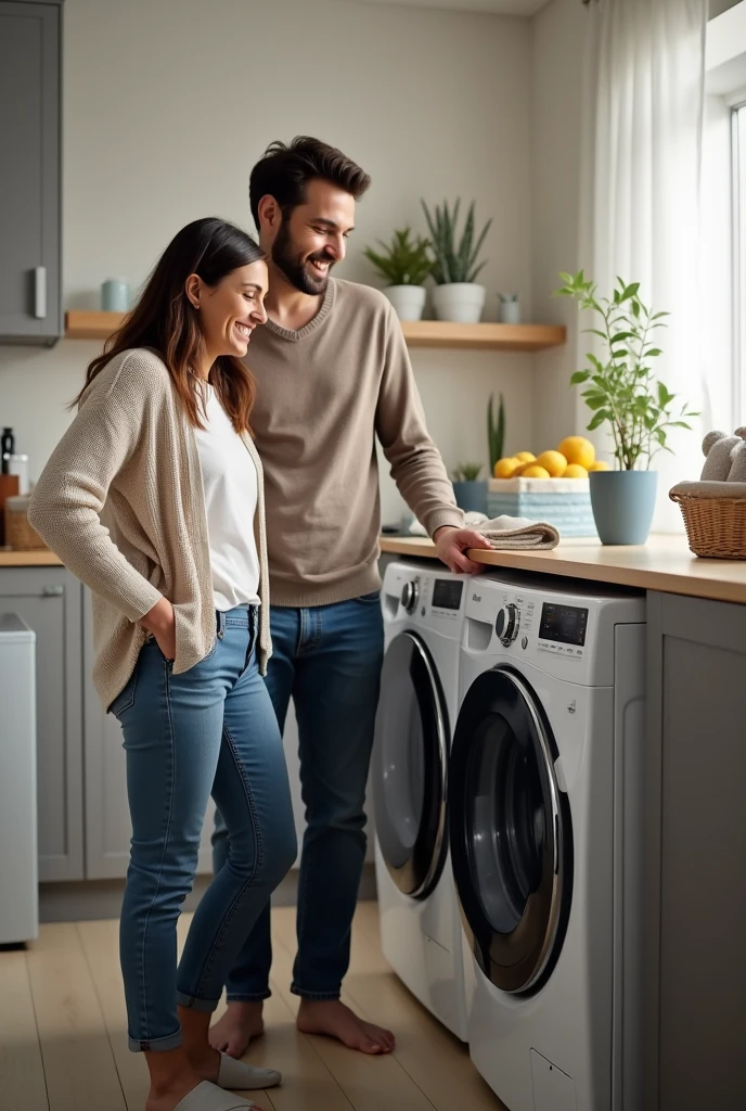 A married couple happily watching their LG washer and dryer taking up less space