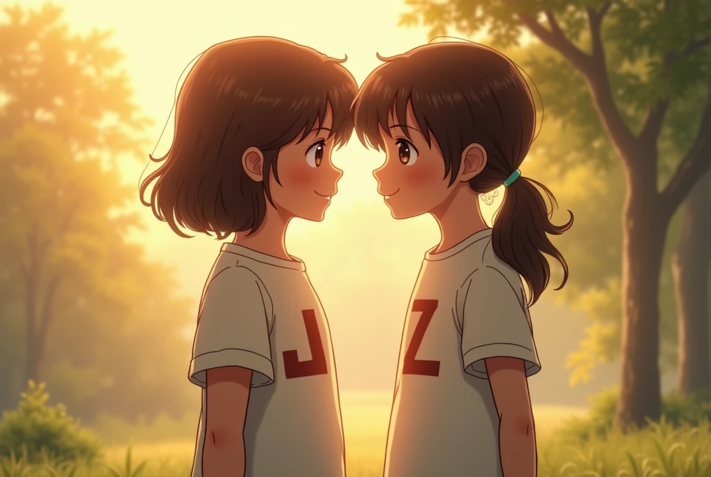 Image of a boy looking lovingly at a girl. The boy is wearing a shirt with the initial C and the girl is wearing a shirt with the initial R.