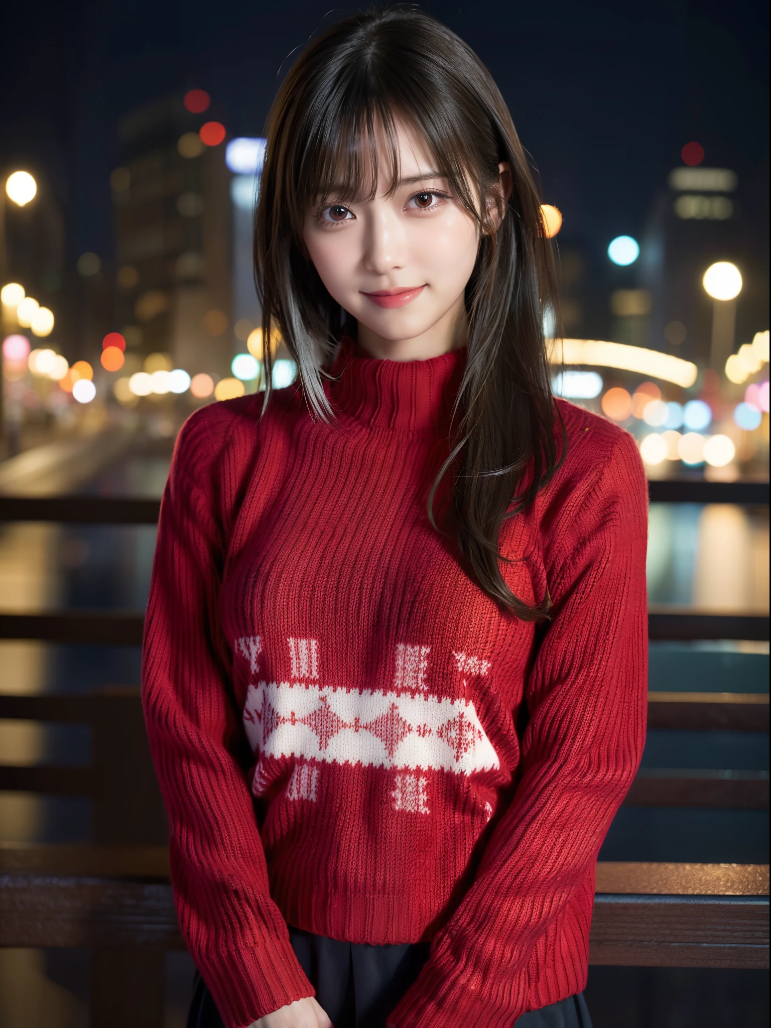 One of the Japan,(Colorful red sweater:1.4), (RAW Photos, Highest quality), (Realistic, Realistic:1.4), Tabletop, Very delicate and beautiful, Very detailed, 8k wallpaper, wonderful, In detail, Very detailedなCG Unity, High resolution, Soft Light, 美しくIn detail描かれた19歳の少女, Very detailedな目と顔, Beautiful and detailed nose, Beautiful details,Cinema Lighting,City lights at night,Perfect Anatomy,Slender body,E Cup,smile (My hair is messy, Asymmetrical bangs, Black Hair,)