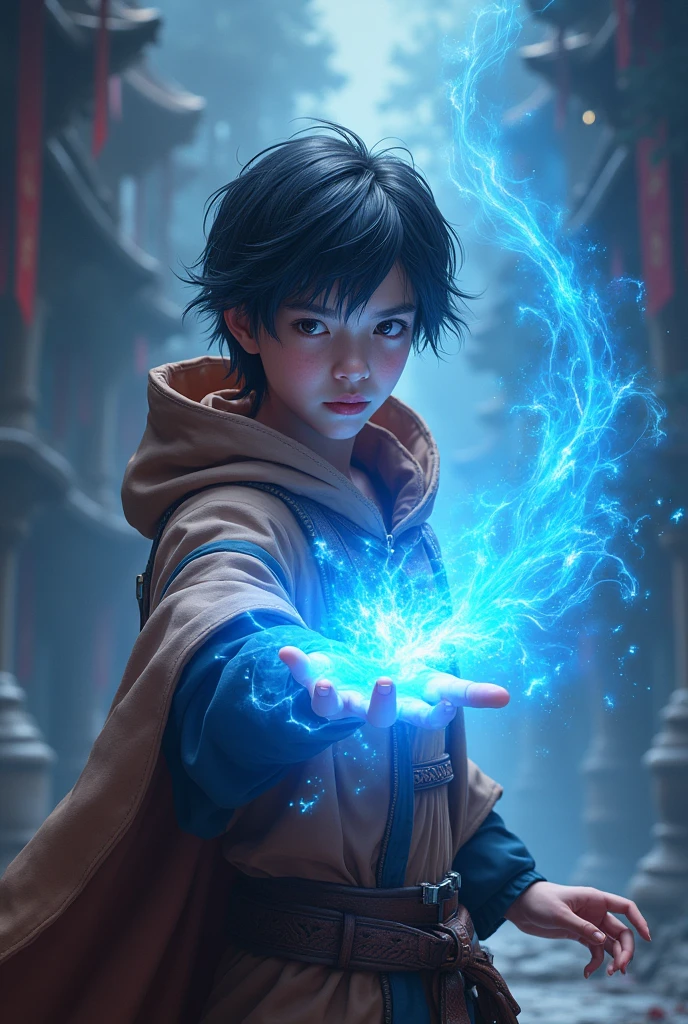 magician,RPG, no hood with youthful face blue magic, brownish brown
